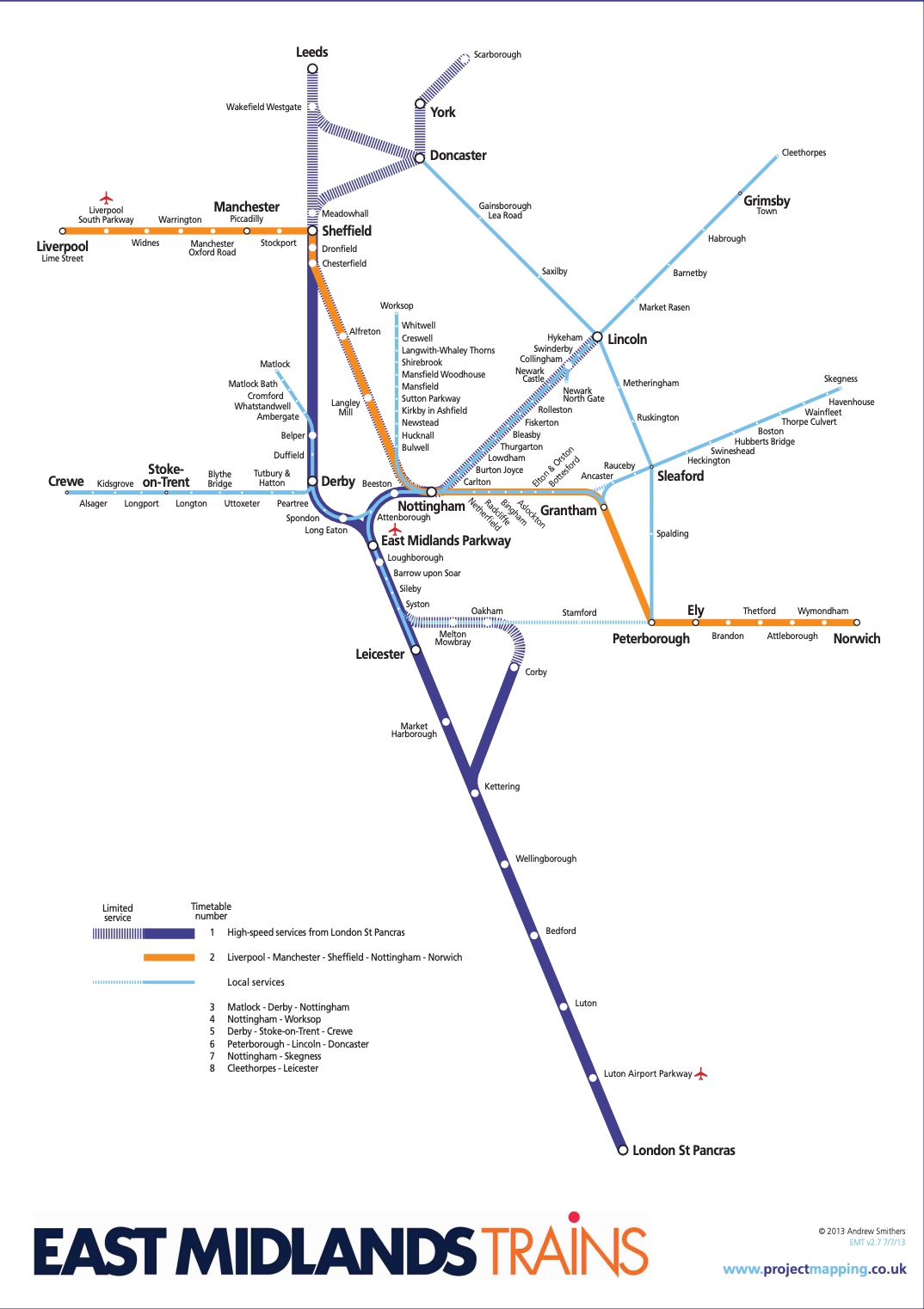 イーストミッドランド鉄道の路線図