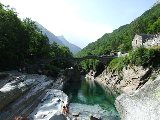 The double-arched bridge "Ponte dei salti" in Lavertezzo, Verzasca Valley