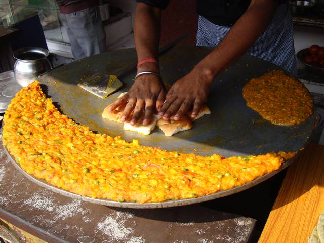 Pavu Bhaji is very popular in Kolkata. For ₹20 you get two pieces of toasted bread and a stew of vegetables in ghee.