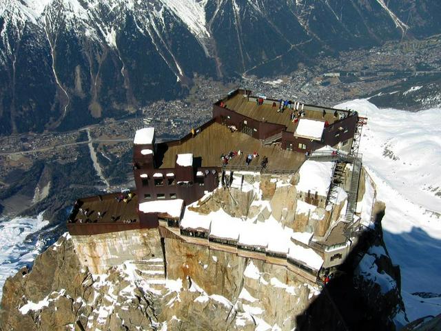 The upper cable car station (and Chamonix) from the top of Aiguille du Midi