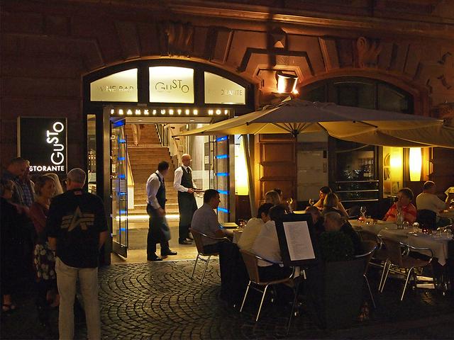 Portal of Frankfurter Hof in the old town city and Restaurant Gusto