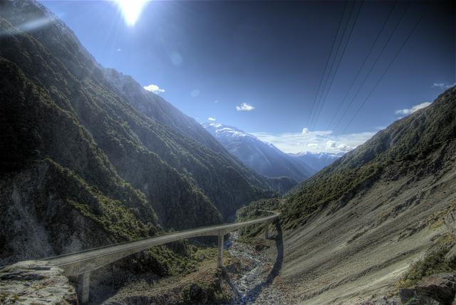 Huge traffic jam on Otira Viaduct on State Highway 73 at Arthur's Pass