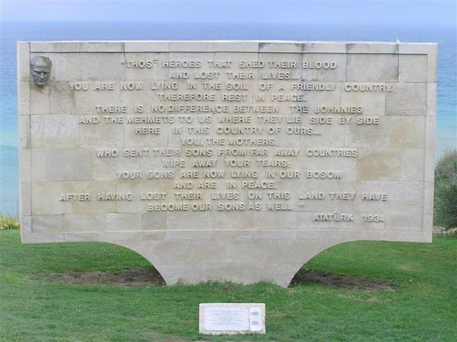 Atatürk', founder of the Turkish Republic, words for ANZACs who shed their blood in Gallipoli (click to enlarge)