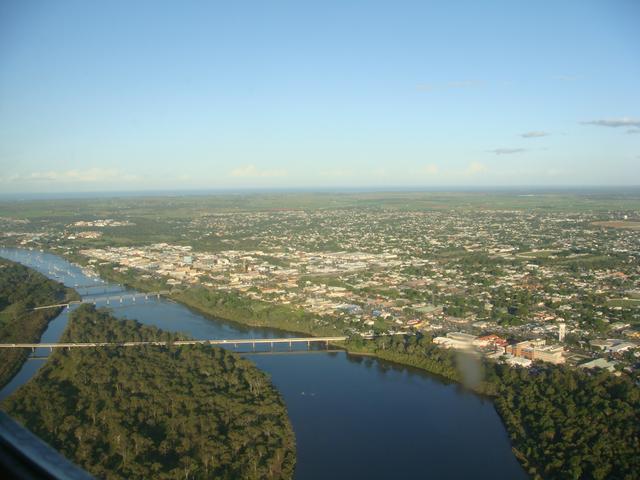 Aerial view of Bundaberg, showing the Burnett River and Bourbong St