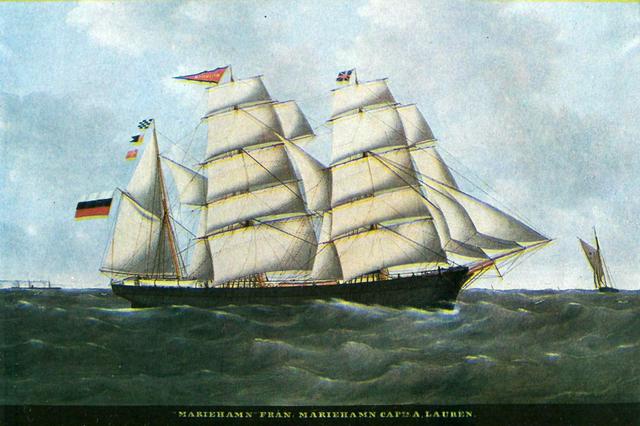 The barque Mariehamn, bought 1880, was the first ship of Åland to circumnavigate the globe.