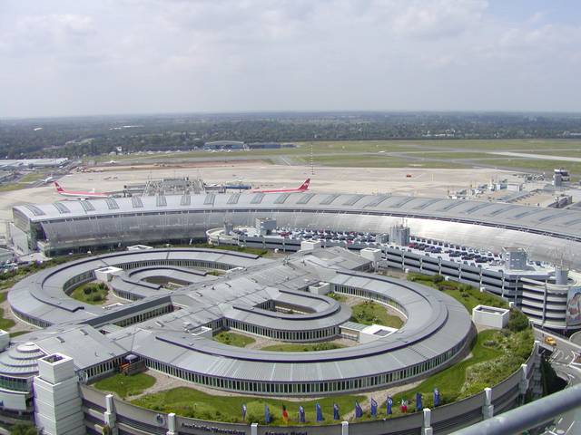 The unique round shape of Düsseldorf International Airport visible from its control tower