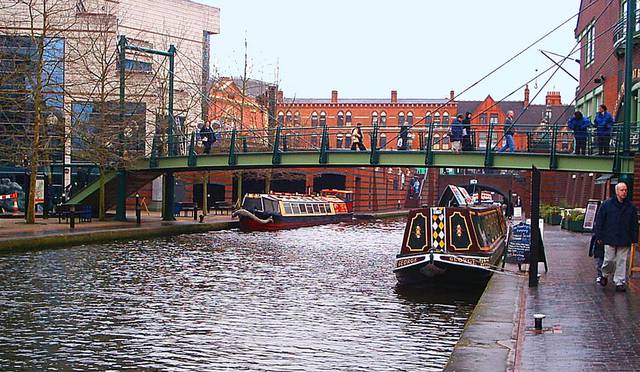 The Birmingham Canal Navigations between the International Convention Centre (left) and Brindleyplace (right)