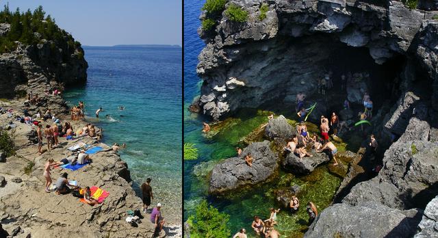 "The Grotto" and nearby rocks crowded with mid-summer vacationers