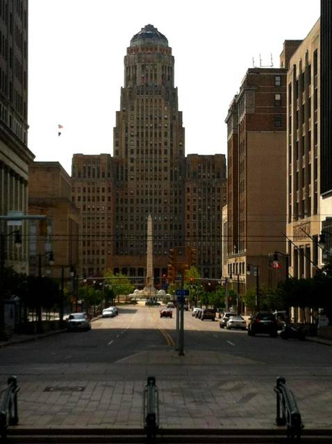 Buffalo City Hall is seen in this view down Court Street from Lafayette Square. Built in 1931 from a design by the local firm of Dietel & Wade, it is widely considered one of the world's finest examples of Art Deco architecture.