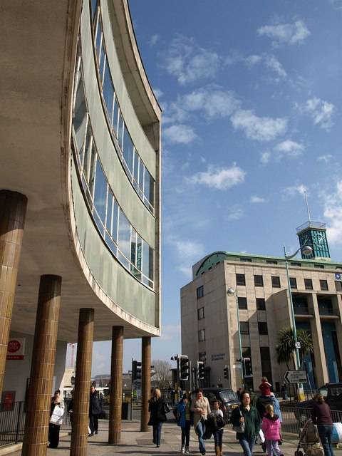 Buildings at St Andrew's Cross, Plymouth, constructed as part of the 1950s reconstruction. Building on left contains the main Post Office.