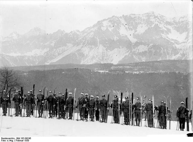 Austrian Alpine Hunters on exercise at Schladming in 1930 with Dachstein background