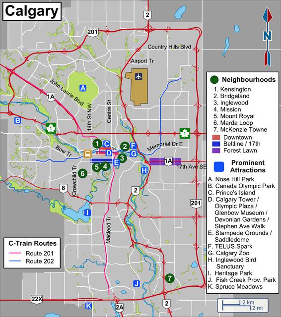 The main transit routes and attractions of Calgary