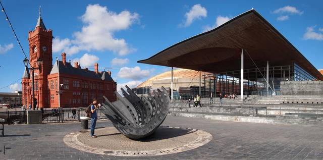 Major buildings of Cardiff Bay. From left: Pierhead Building, Wales Millennium Centre, Senedd