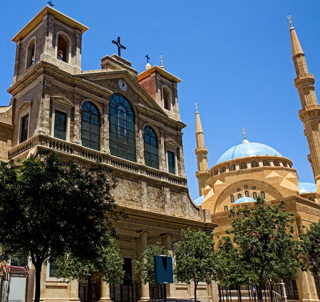 Saint George Maronite Cathedral and Mohammad Al-Amin Mosque in Beirut's central district.