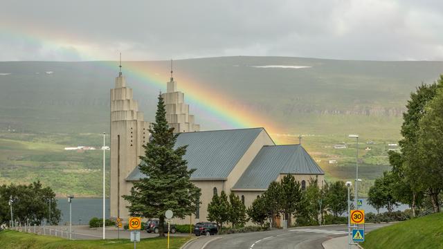 Akureyrarkirkja and rainbow in Akureyri