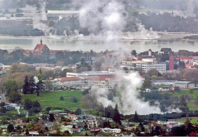 Rotorua city and its usual geothermal steam