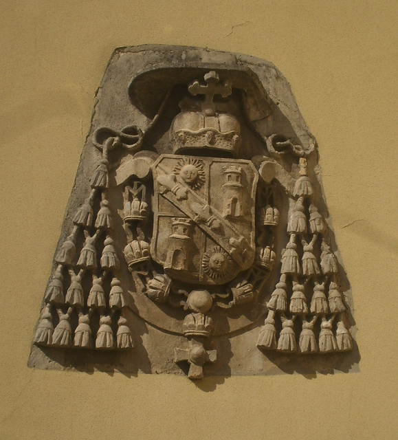 Coats of bishop Migazzi on the Wall of Catholic Church of Szendehely 