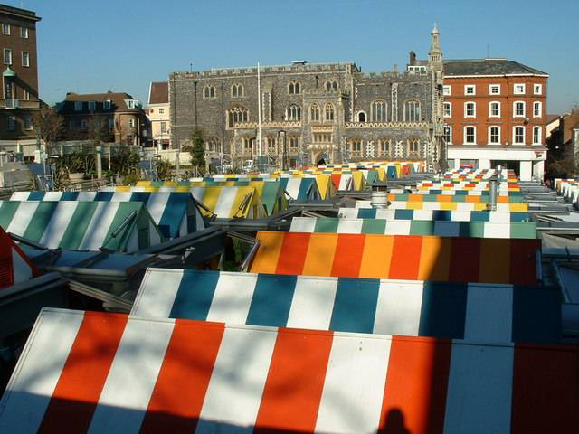 Norwich market, in the background the 15th century Guildhall