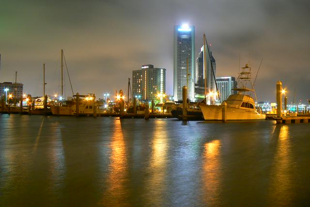 Corpus Christi Bay; the tall buildings in the center and right center constitute the Bayfront