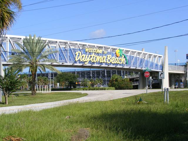 A Welcome greeting to visitors as they enter Daytona Beach and drive past Daytona International Speedway.