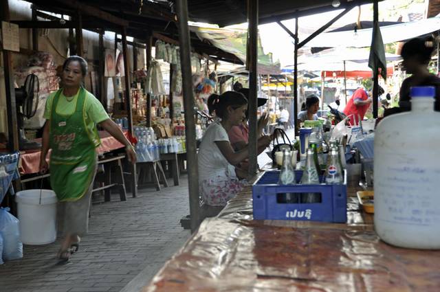 Street market noodle food stall at the market in luang prabang