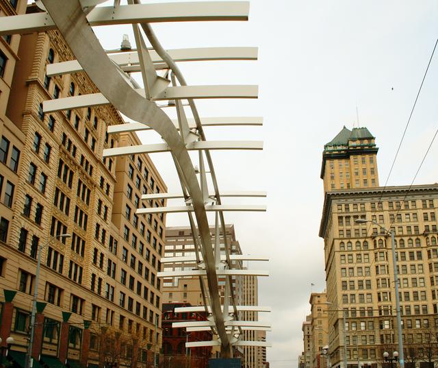 Flyover is a sculpture that retraces the path of the Wright Brothers' first powered airplane flight--located in downtown Dayton.