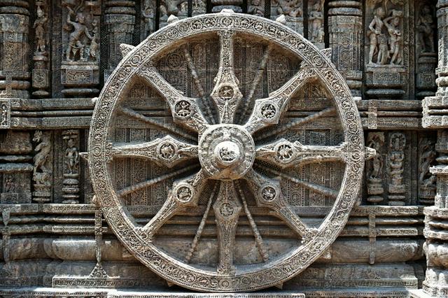 This picture is not of a sundial. It is an intricate representation of the Dharmachakra, or Wheel of Sun, Konark