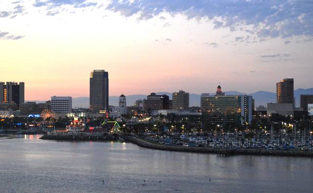 Downtown Long Beach at dusk, as viewed from the Queen Mary