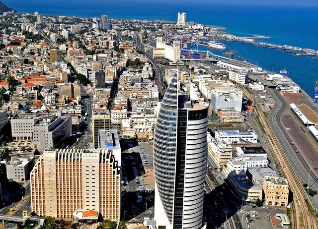 Downtown Haifa, including the port and the sail tower