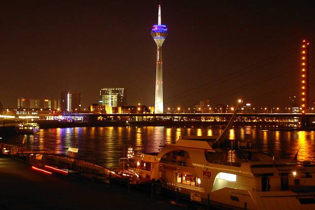Düsseldorf's riverside by night