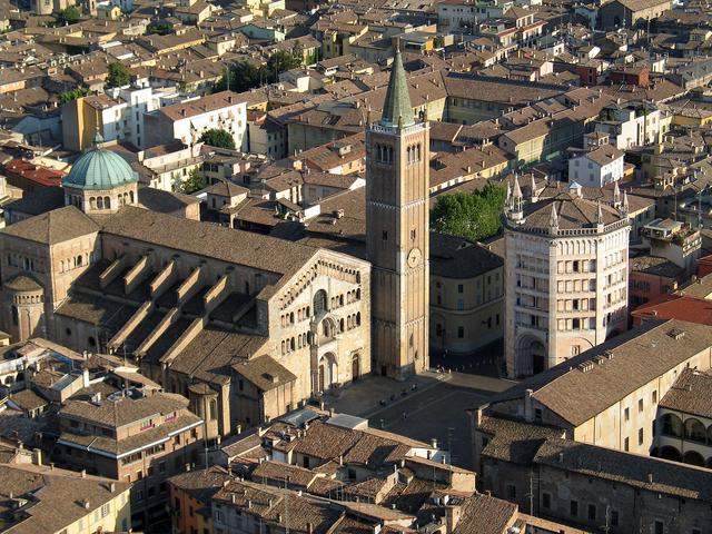 Aerial view of the Duomo and Baptistery of Parma