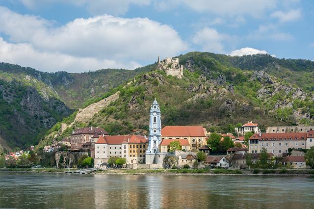 View of Dürnstein Monastery with Burgruine Dürnstein in the background