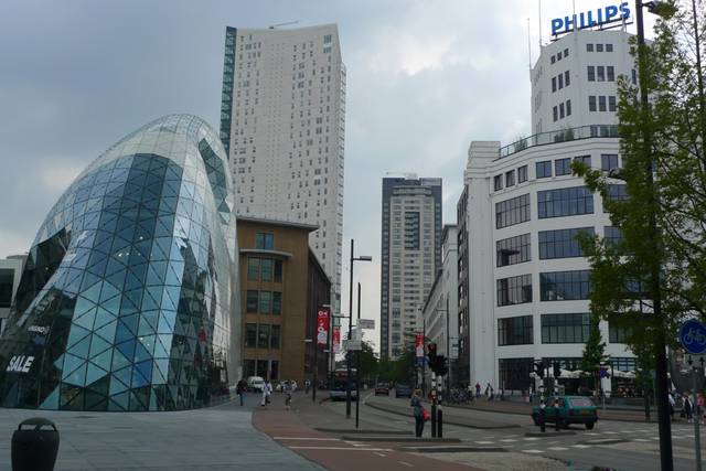 Eindhoven City Center, with the Light Tower and Witte Dame on the right, the Blob on the left and the Admirant tower in the back.