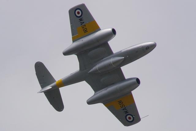 The Gloster Meteor, one of the very first jet aircraft, was developed at Farnborough during the Second World War. Here it is seen flying at the 2014 International Airshow.