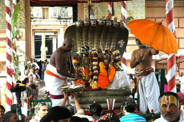 Offerings to Krishna and Radha beneath a snake during the Brahmotsava Festival, Rangji Mandir