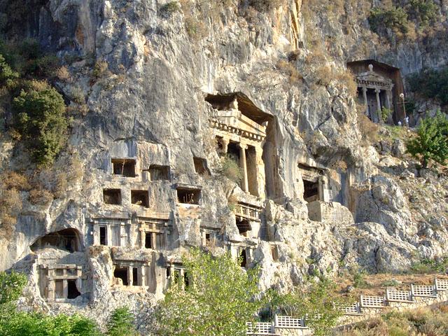 Lycian rock tombs on the cliffs above the town