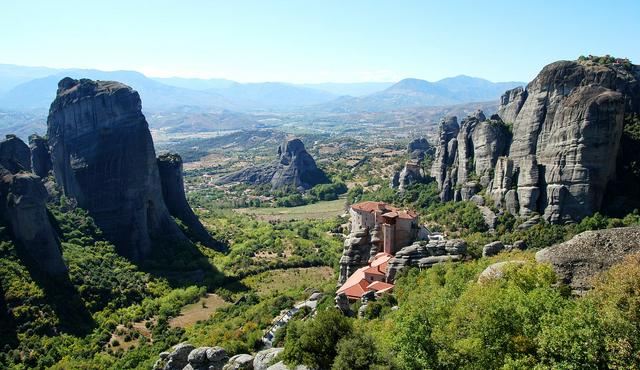 View of Meteora with Agias Varvaras Rousanou monastery in the foreground