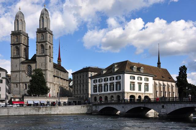 Grossmünster seen from the quai of the Limmat