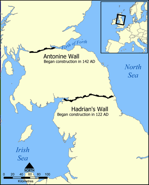 The location of Hadrian's Wall and the Antonine Wall in Scotland and Northern England