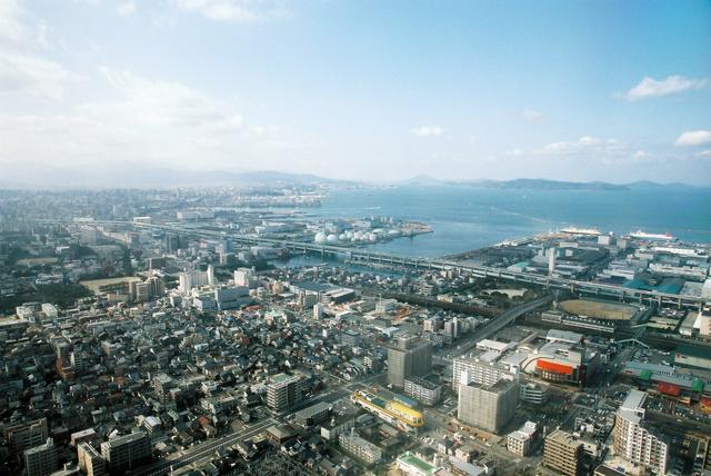 Hakata Port in Fukuoka, as seen from a landing airplane