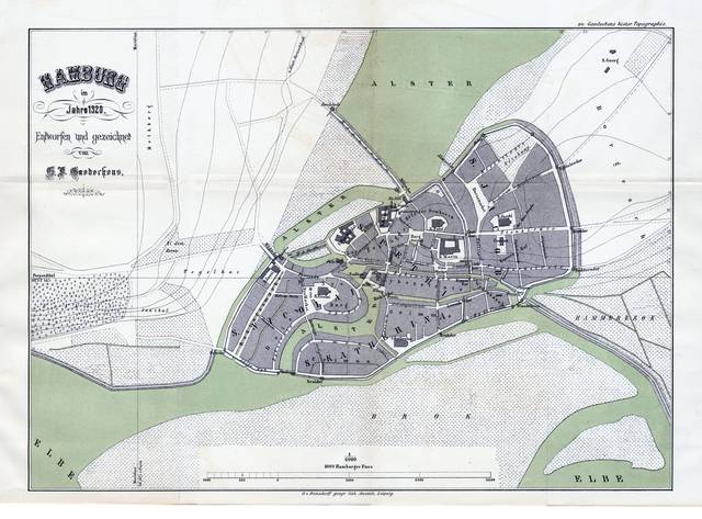 Hamburg around 1320, still within the old city walls, encompassing only the territory of today's Altstadt (the map was made in 1880 as historic documentation)