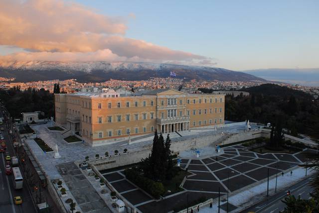 Hellenic Parliament by sunset.