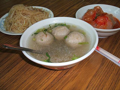 From left to right are rice noodles, meatball soup and stuffed meatball.