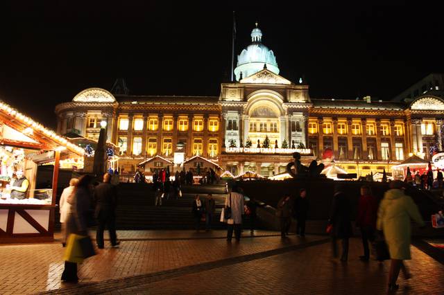 The Birmingham Council House at night, during the Frankfurt Christmas Market