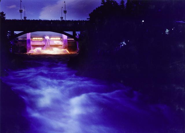 Imatra rapids and power plant lit up by night