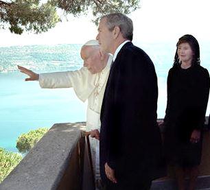 Castel Gandolfo: George and Laura Bush admire the view, with a very special tour guide.