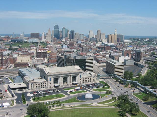 View of Kansas City from the top of Liberty Memorial. Union Station is in the foreground, with the rest of KC's skyline in the background.