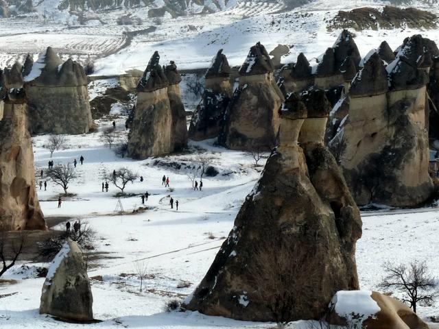 Inland areas such as Cappadocia pictured here tend to have cold and snowy weather throughout winter