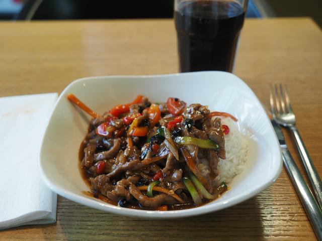 A Korean beef dish with rice for lunch at restaurant Korean Kitchen.