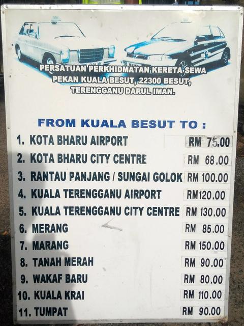 Taxi fares from Kuala Besut jetty (June 2018)